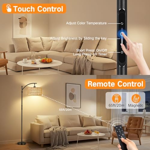 OUTON Rattan Stehlampe dimmbar für Wohnzimmer, Boho Bogenlampe mit App & Fernbedienung, 4 Farbtemperaturen, 12W LED Vint