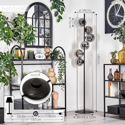 Stehleuchte Gastor – Moderne Retro-Stehlampe aus Metall/Glas in Schwarz/Rauchfarbe für stilvolle Wohnräume, Höhe 160 cm,