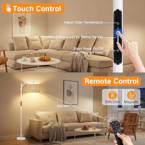 OUTON Rattan Stehlampe dimmbar für Wohnzimmer, Boho Bogenlampe mit App & Fernbedienung, 4 Farbtemperaturen, 12W LED Vint