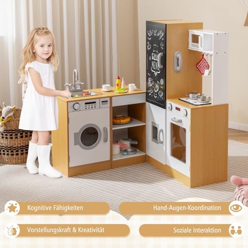COSTWAY 3 in 1 Kinderküche mit Licht & Sound – Holzküche für kreatives Spielen ab 3 Jahren