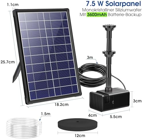 Biling Solarbrunnen mit Akku – 7,5 W Solar-Teichpumpe für Gartenteich, 10 Sprühstile, ideal für Wasserspiele und Vogelba