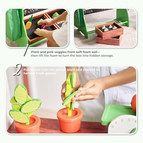 Teamson Kids Vermont Marktstand Spielset – Holz-Kaufladen mit 25 Teilen, Waage & Zubehör für kreatives Rollenspiel im Ki