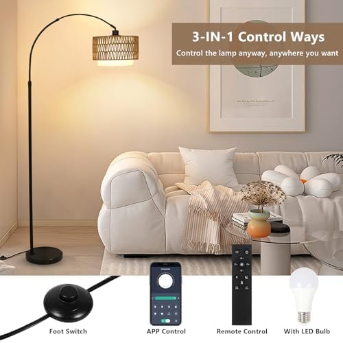 Bogenlampe Wohnzimmer im Boho-Stil mit Rattan-Schirm, dimmbar & fernbedienbar für Schlafzimmer und Büro, vintage Schwarz