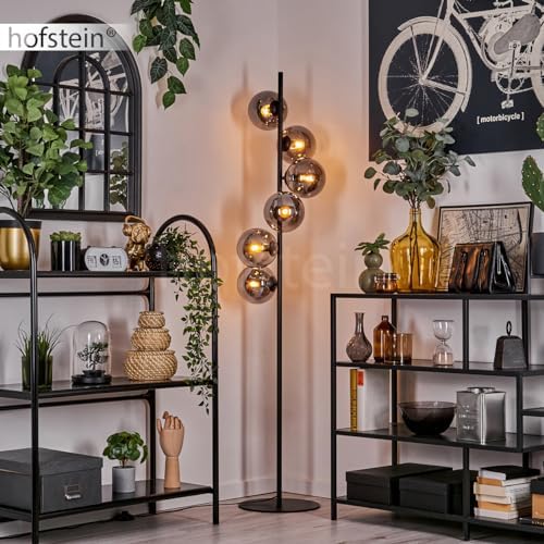 Stehleuchte Gastor – Moderne Retro-Stehlampe aus Metall/Glas in Schwarz/Rauchfarbe für stilvolle Wohnräume, Höhe 160 cm,