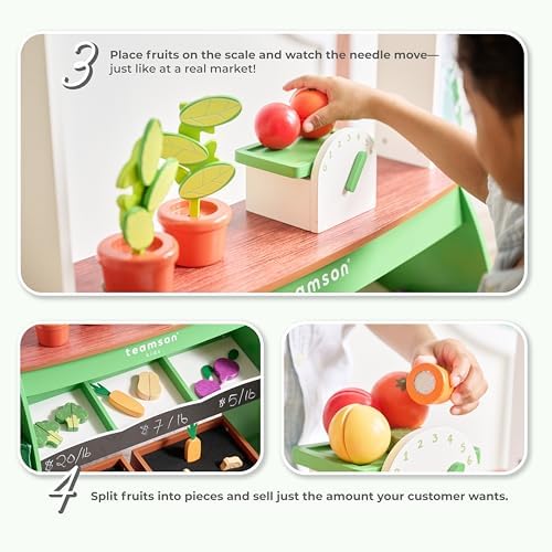 Teamson Kids Vermont Marktstand Spielset – Holz-Kaufladen mit 25 Teilen, Waage & Zubehör für kreatives Rollenspiel im Ki