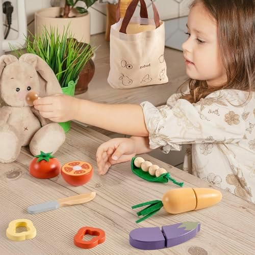 ROBUD Holz Lebensmittelset für Kinderküche – Spielküchen Zubehör mit Aufbewahrungstasche, ideale Geschenkidee ab 3 Jahre