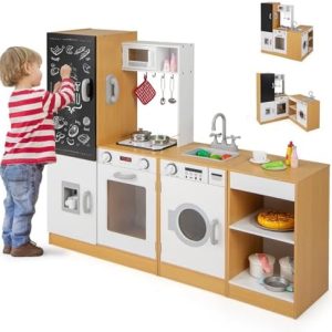 COSTWAY 3 in 1 Kinderküche mit Licht & Sound – Holzküche für kreatives Spielen ab 3 Jahren