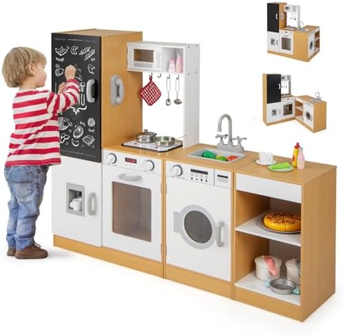 COSTWAY 3 in 1 Kinderküche mit Licht & Sound – Holzküche für kreatives Spielen ab 3 Jahren