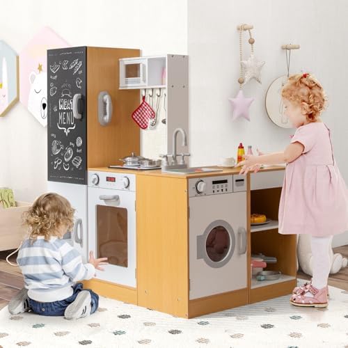 COSTWAY 3 in 1 Kinderküche mit Licht & Sound – Holzküche für kreatives Spielen ab 3 Jahren