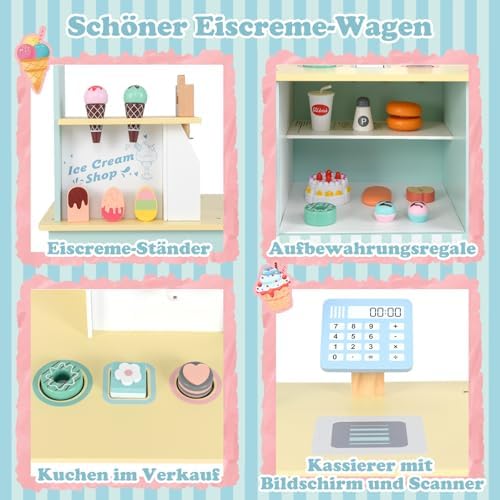 COSTWAY Kinder Eiswagen mit Eismaschine & Verkaufsautomat - Spielzeug Kaufladen für fantasievolles Spielen ab 3 Jahren (