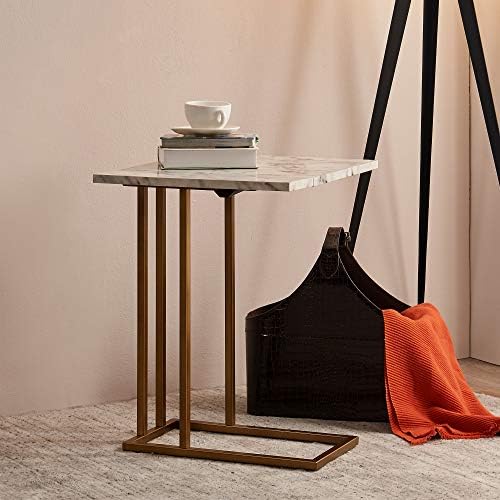 Teamson Home C-förmiger Ausziehtisch mit synthetischer Marmorplatte und elegantem Messingfinish für stilvolle Wohnzimmer