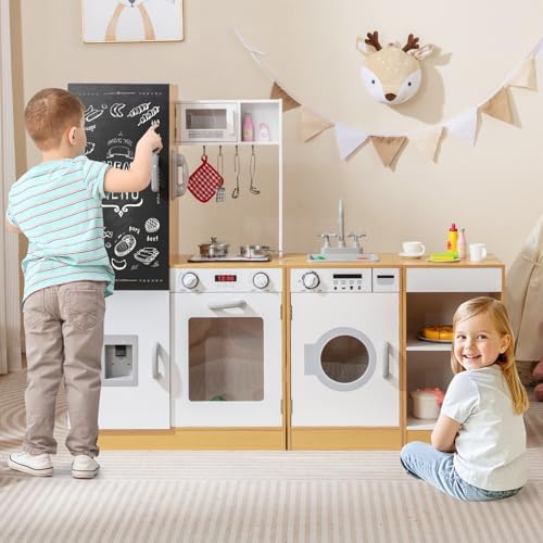 COSTWAY 3 in 1 Kinderküche mit Licht & Sound – Holzküche für kreatives Spielen ab 3 Jahren