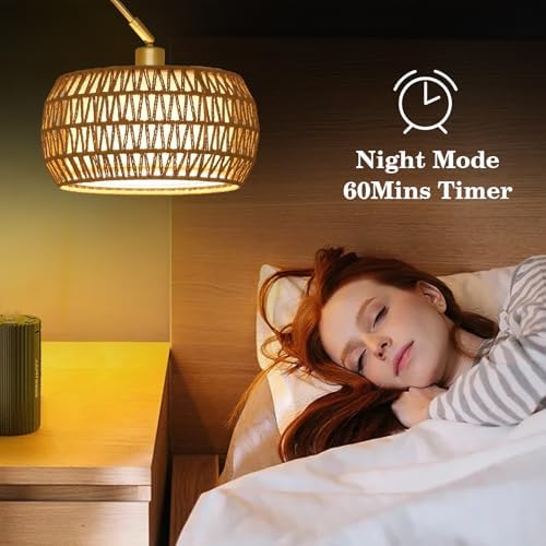 Bogenlampe Wohnzimmer im Boho-Stil mit Rattan-Schirm, dimmbar & fernbedienbar für Schlafzimmer und Büro, vintage Schwarz