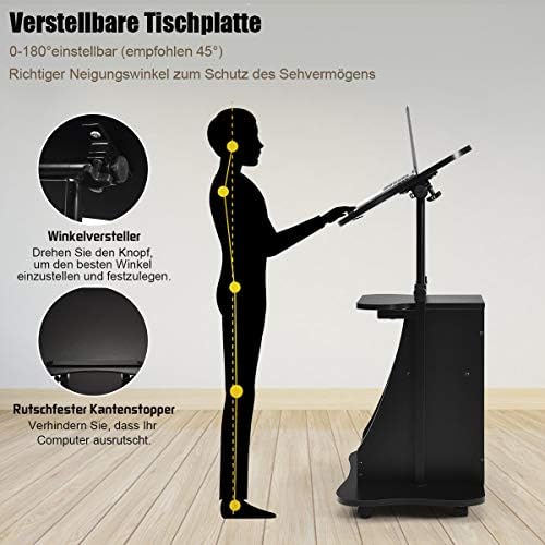 COSTWAY Mobiles Stehpult, höhenverstellbares Rednerpult mit neigbarer Tischplatte – Ideal für Home-Office und Präsentati