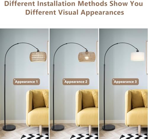 Bogenlampe Wohnzimmer im Boho-Stil mit Rattan-Schirm, dimmbar & fernbedienbar für Schlafzimmer und Büro, vintage Schwarz