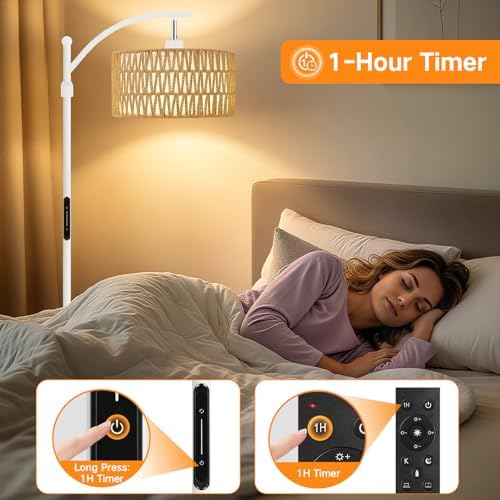 OUTON Rattan Stehlampe dimmbar für Wohnzimmer, Boho Bogenlampe mit App & Fernbedienung, 4 Farbtemperaturen, 12W LED Vint