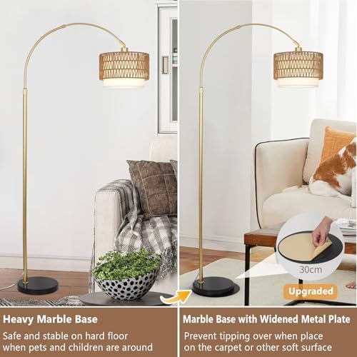 Bogenlampe Wohnzimmer im Boho-Stil mit Rattan-Schirm, dimmbar & fernbedienbar für Schlafzimmer und Büro, vintage Schwarz