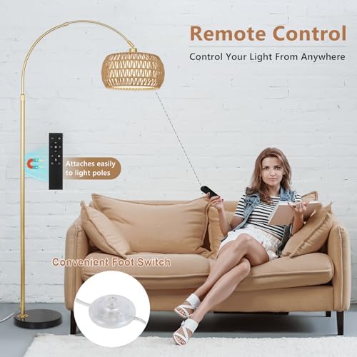 Bogenlampe Wohnzimmer im Boho-Stil mit Rattan-Schirm, dimmbar & fernbedienbar für Schlafzimmer und Büro, vintage Schwarz