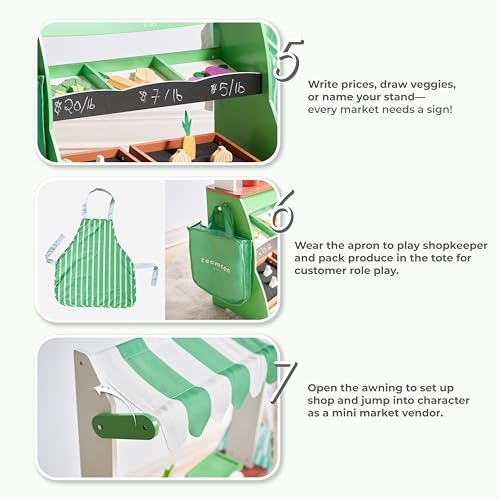 Teamson Kids Vermont Marktstand Spielset – Holz-Kaufladen mit 25 Teilen, Waage & Zubehör für kreatives Rollenspiel im Ki