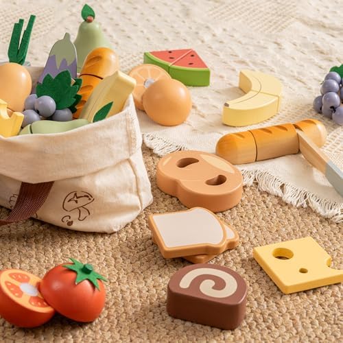 ROBUD Holz Lebensmittelset für Kinderküche – Spielküchen Zubehör mit Aufbewahrungstasche, ideale Geschenkidee ab 3 Jahre