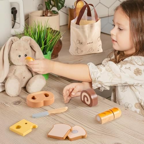 ROBUD Holz Lebensmittelset für Kinderküche – Spielküchen Zubehör mit Aufbewahrungstasche, ideale Geschenkidee ab 3 Jahre