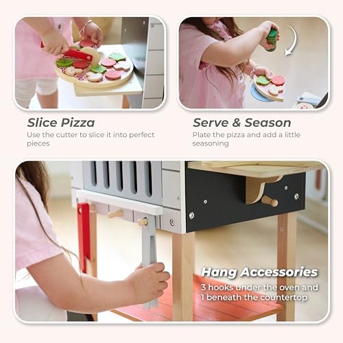 Teamson Kids Pizzaofen My Little Helper mit 24 Zubehörteilen, Grau/Natur – Spielvergnügen für kleine Köche!