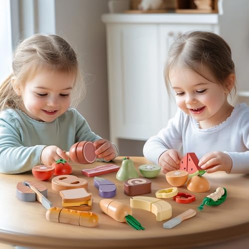 ROBUD Holz Lebensmittelset für Kinderküche – Spielküchen Zubehör mit Aufbewahrungstasche, ideale Geschenkidee ab 3 Jahre