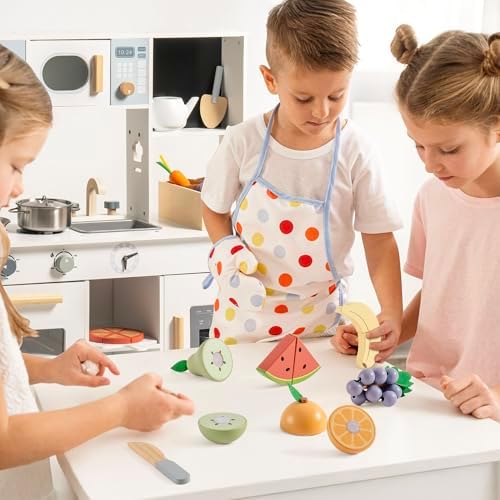 ROBUD Holz Lebensmittelset für Kinderküche – Spielküchen Zubehör mit Aufbewahrungstasche, ideale Geschenkidee ab 3 Jahre