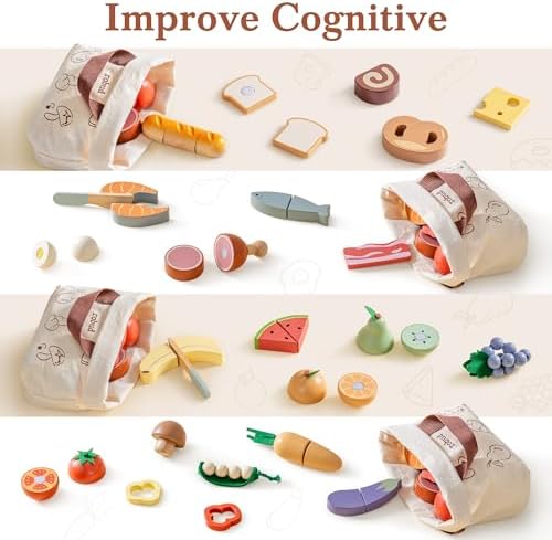 ROBUD Holz Lebensmittelset für Kinderküche – Spielküchen Zubehör mit Aufbewahrungstasche, ideale Geschenkidee ab 3 Jahre