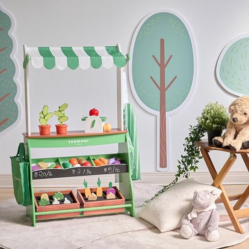 Teamson Kids Vermont Marktstand Spielset – Holz-Kaufladen mit 25 Teilen, Waage & Zubehör für kreatives Rollenspiel im Ki