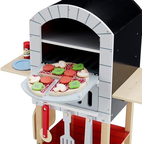 Teamson Kids Pizzaofen My Little Helper mit 24 Zubehörteilen, Grau/Natur – Spielvergnügen für kleine Köche!
