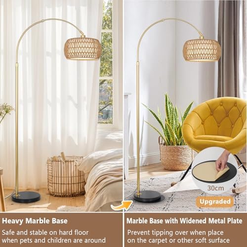 Bogenlampe Wohnzimmer im Boho-Stil mit Rattan-Schirm, dimmbar & fernbedienbar für Schlafzimmer und Büro, vintage Schwarz