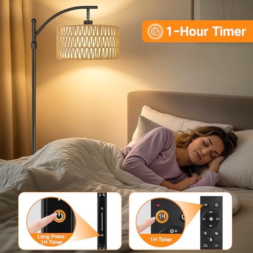 OUTON Rattan Stehlampe dimmbar für Wohnzimmer, Boho Bogenlampe mit App & Fernbedienung, 4 Farbtemperaturen, 12W LED Vint