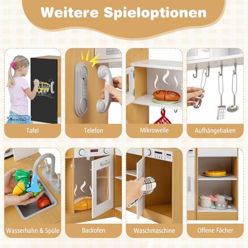 COSTWAY 3 in 1 Kinderküche mit Licht & Sound – Holzküche für kreatives Spielen ab 3 Jahren