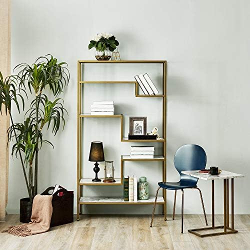 Teamson Home C-förmiger Ausziehtisch mit synthetischer Marmorplatte und elegantem Messingfinish für stilvolle Wohnzimmer