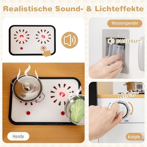 COSTWAY 3 in 1 Kinderküche mit Licht & Sound – Holzküche für kreatives Spielen ab 3 Jahren