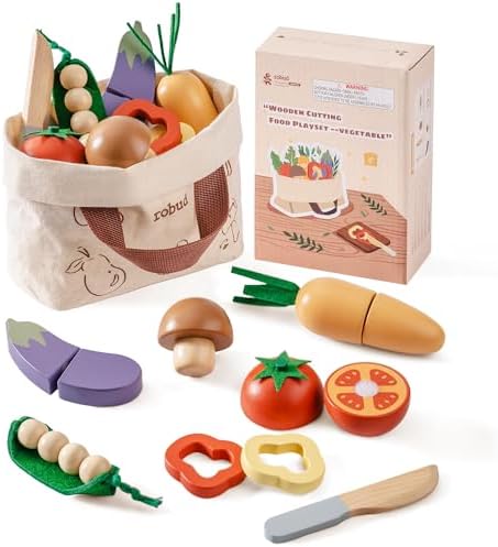 ROBUD Holz Lebensmittelset für Kinderküche – Spielküchen Zubehör mit Aufbewahrungstasche, ideale Geschenkidee ab 3 Jahre