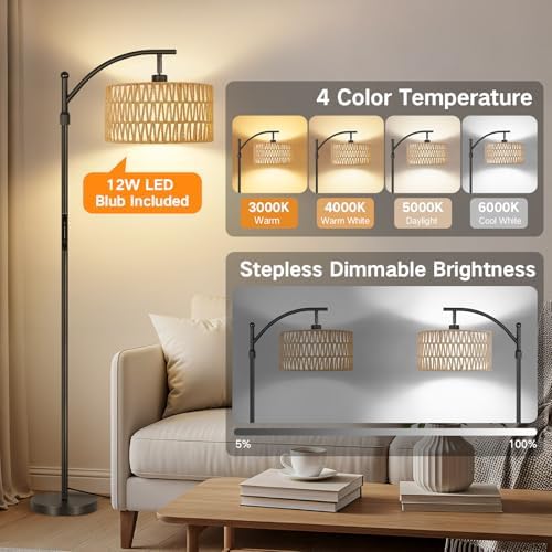 OUTON Rattan Stehlampe dimmbar für Wohnzimmer, Boho Bogenlampe mit App & Fernbedienung, 4 Farbtemperaturen, 12W LED Vint