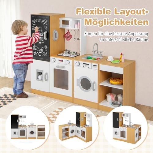 COSTWAY 3 in 1 Kinderküche mit Licht & Sound – Holzküche für kreatives Spielen ab 3 Jahren