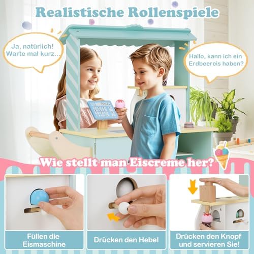 COSTWAY Kinder Eiswagen mit Eismaschine & Verkaufsautomat - Spielzeug Kaufladen für fantasievolles Spielen ab 3 Jahren (
